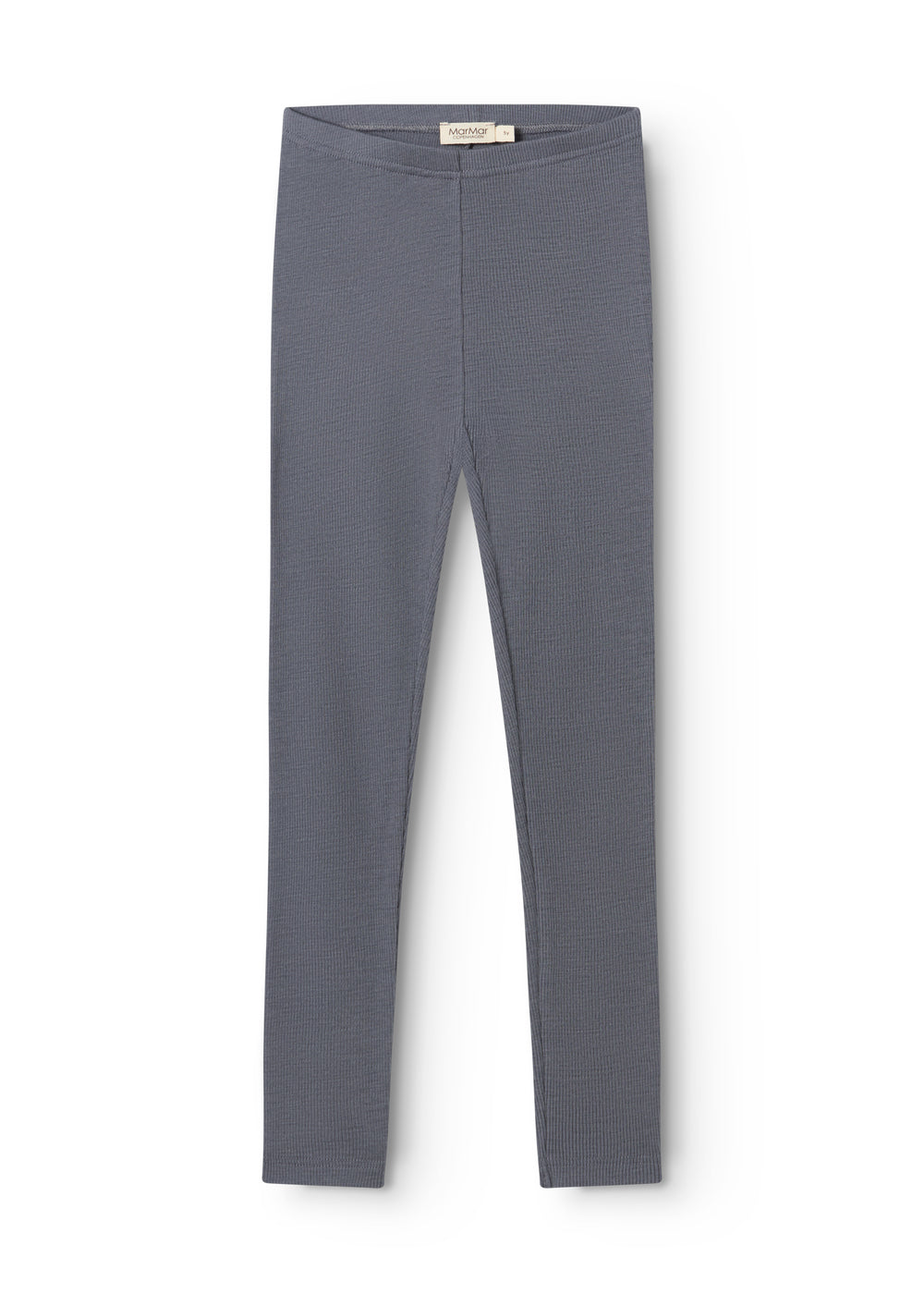 Gray leggings for children with elastic waistband and label tag.