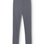 Gray leggings for children with elastic waistband and label tag.
