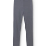 Gray leggings for children with elastic waistband and label tag.