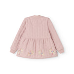Pink down jacket for children with zipper, long sleeves and unicorn motif on the back