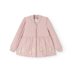 Pink down jacket for children with zipper, long sleeves and unicorn motif.