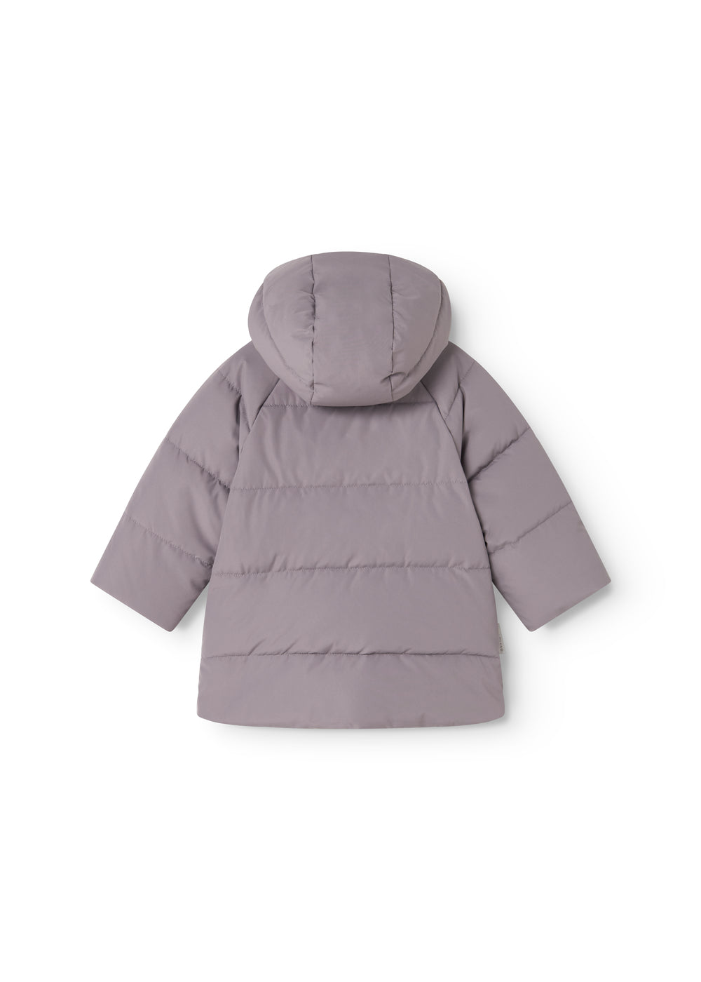 Purple down jacket with hood and wide puffer seams on the back