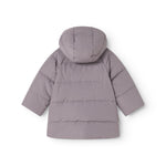 Purple down jacket with hood and wide puffer seams on the back
