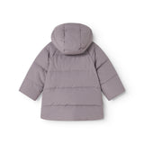 Purple down jacket with hood and wide puffer seams on the back