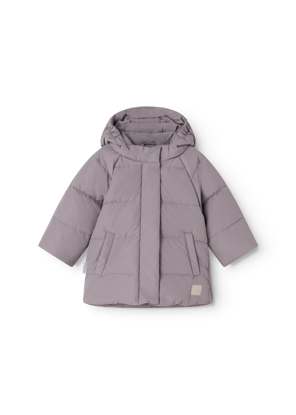 Purple down jacket with hood, front zipper, and ribbed cuffs.