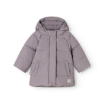 Purple down jacket with hood, front zipper, and ribbed cuffs.