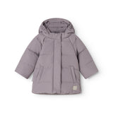 Purple down jacket with hood, front zipper, and ribbed cuffs.