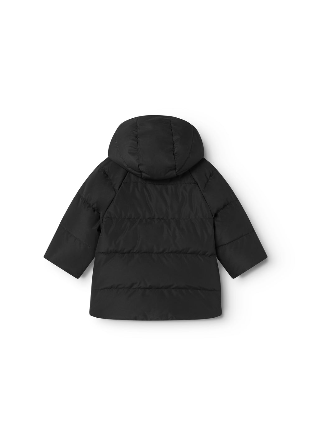 Hooded down jacket with horizontal quilted seams