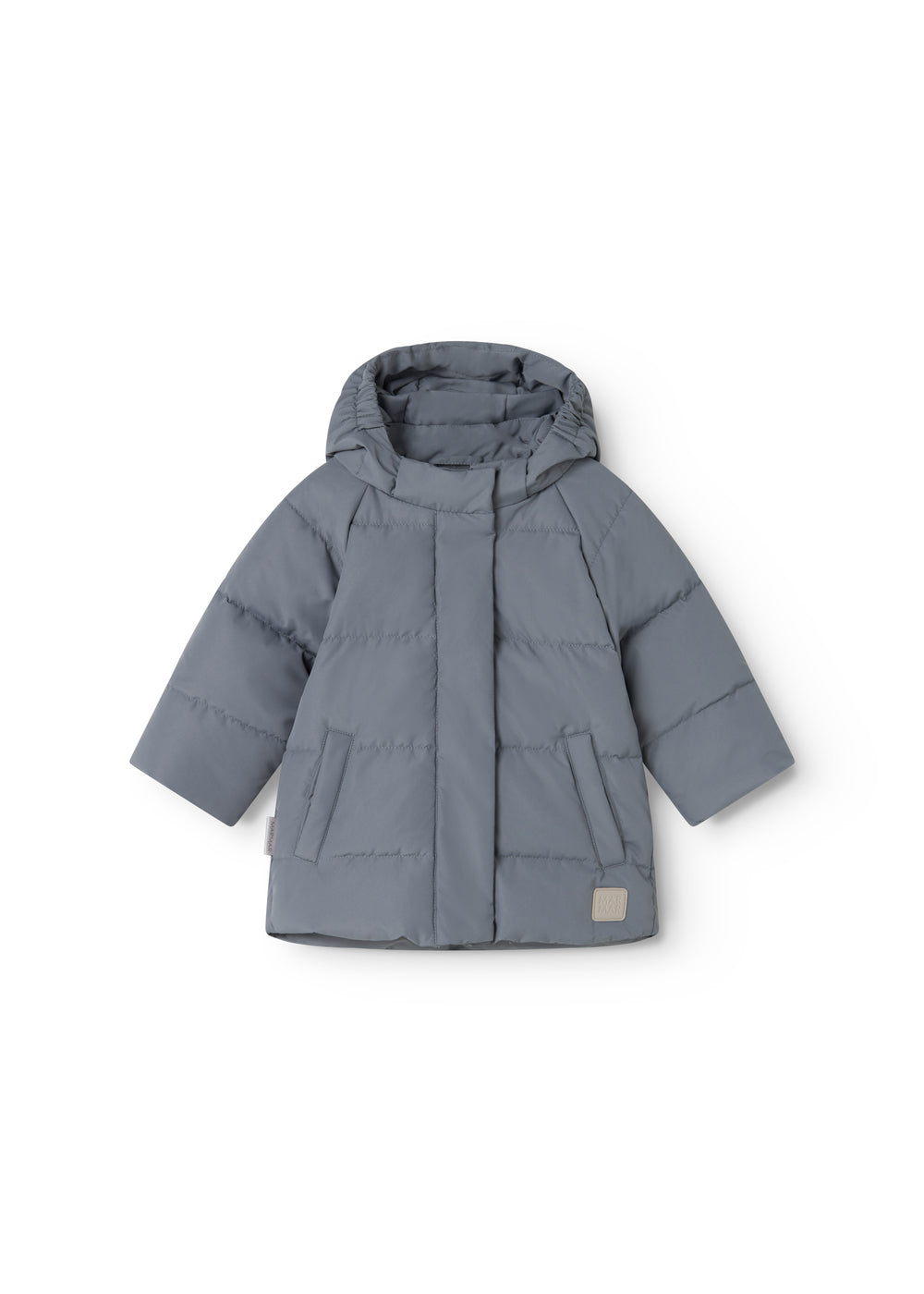 Dunjakke in dark gray-blue with hood and zipper, visible pockets.