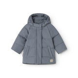 Dunjakke in dark gray-blue with hood and zipper, visible pockets.