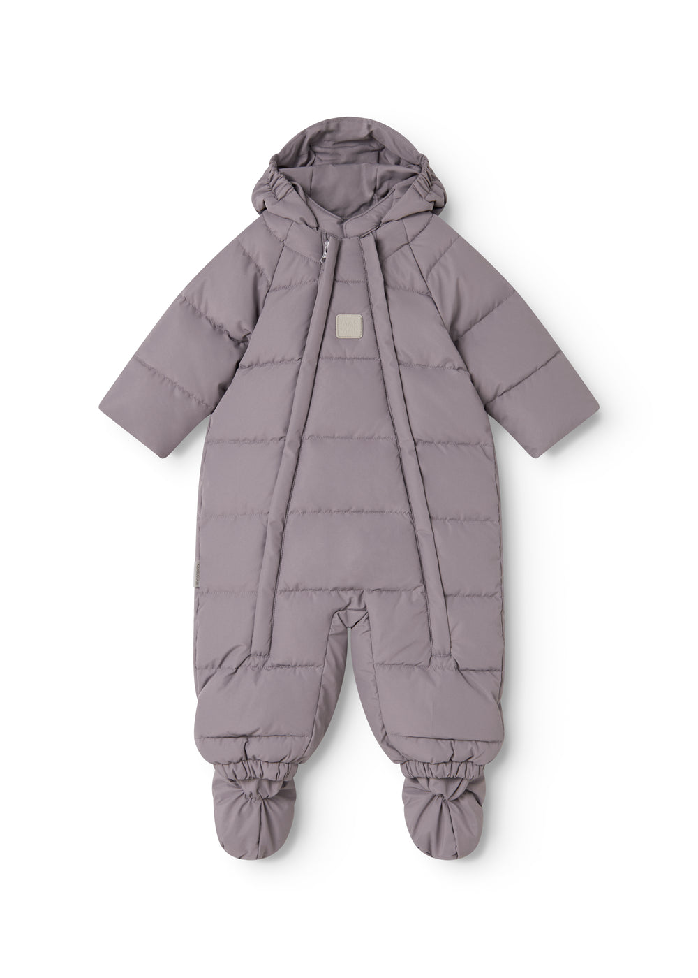 Lil baby jumpsuit with hood, down-filled sleeves and front zipper.