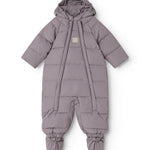 Lil baby jumpsuit with hood, down-filled sleeves and front zipper.