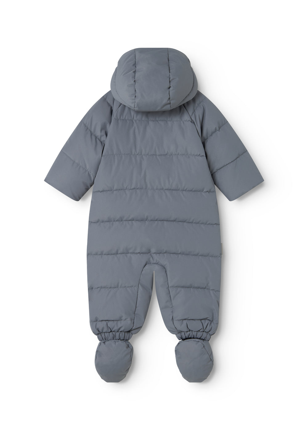 Dark gray jumpsuit with hood and padded sleeves, plus elastic cuffs.