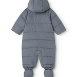 Dark gray jumpsuit with hood and padded sleeves, plus elastic cuffs.