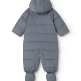 Dark gray jumpsuit with hood and padded sleeves, plus elastic cuffs.