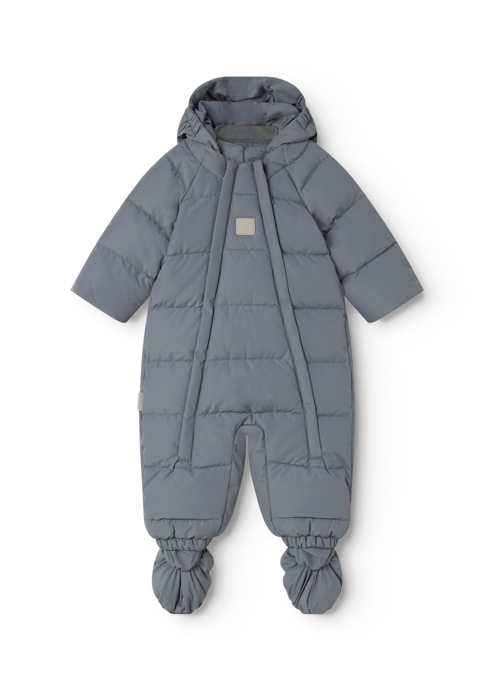 Dark gray jumpsuit with hood, front zipper, and padded legs with elastic cuffs.