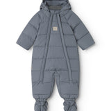 Dark gray jumpsuit with hood, front zipper, and padded legs with elastic cuffs.
