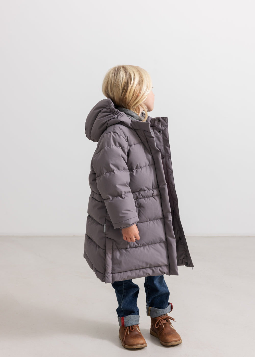 Oxford dad fleece jacket with hood, dark plum, and snap closure.