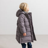 Oxford dad fleece jacket with hood, dark plum, and snap closure.