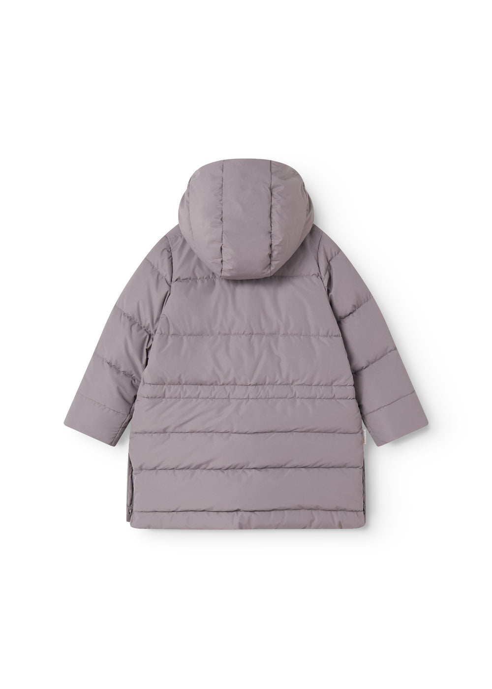 Kids down jacket with large hood and quilted horizontal stripes