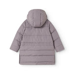 Kids down jacket with large hood and quilted horizontal stripes