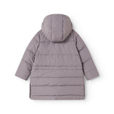 Kids down jacket with large hood and quilted horizontal stripes