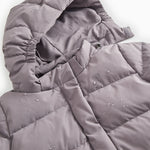 Down jacket collar and hood insert with visible stitching and snap buttons