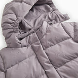 Down jacket collar and hood insert with visible stitching and snap buttons