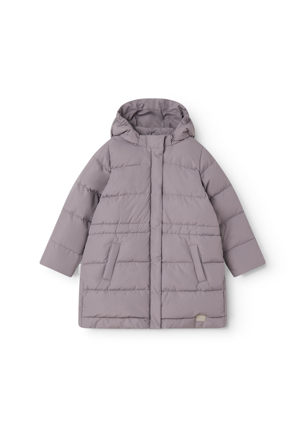 Kids down jacket with hood, quilted panels and front snap buttons