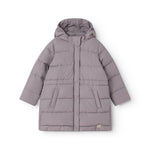 Kids down jacket with hood, quilted panels and front snap buttons