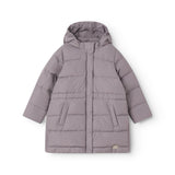 Kids down jacket with hood, quilted panels and front snap buttons