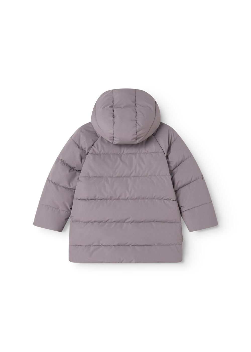 Purple puffer jacket with hood and horizontal quilting