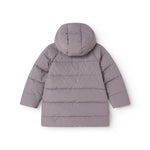 Purple puffer jacket with hood and horizontal quilting