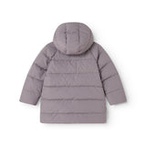 Purple puffer jacket with hood and horizontal quilting