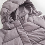 Purple padded down jacket with hood lining and a snap button at the collar.