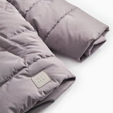 Purple padded jacket with hood and logo branding at the bottom.