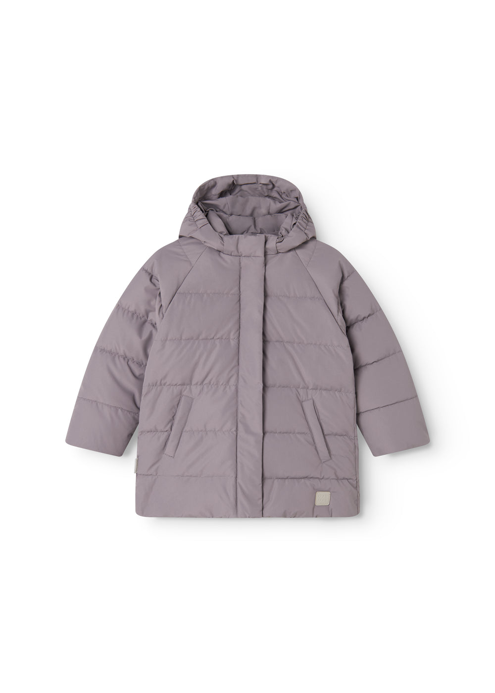 Purple puffer jacket with hood, front zipper and visible pockets.