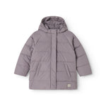 Purple puffer jacket with hood, front zipper and visible pockets.