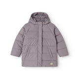 Purple puffer jacket with hood, front zipper and visible pockets.