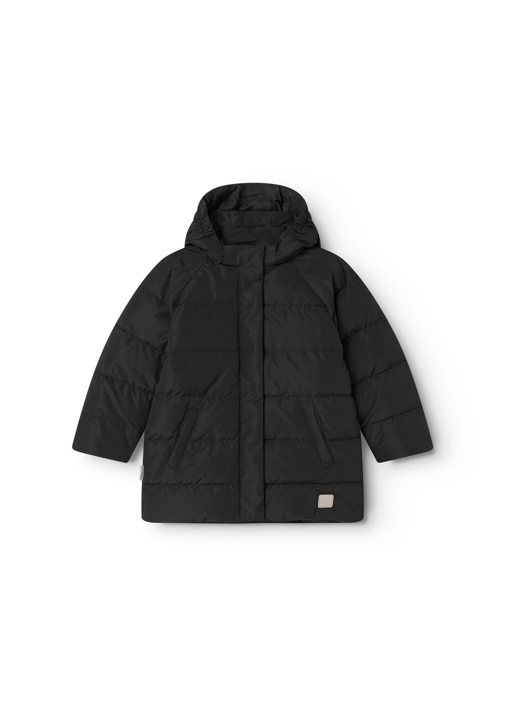 Soft jacket for children with a fixed hood and visible front pocket