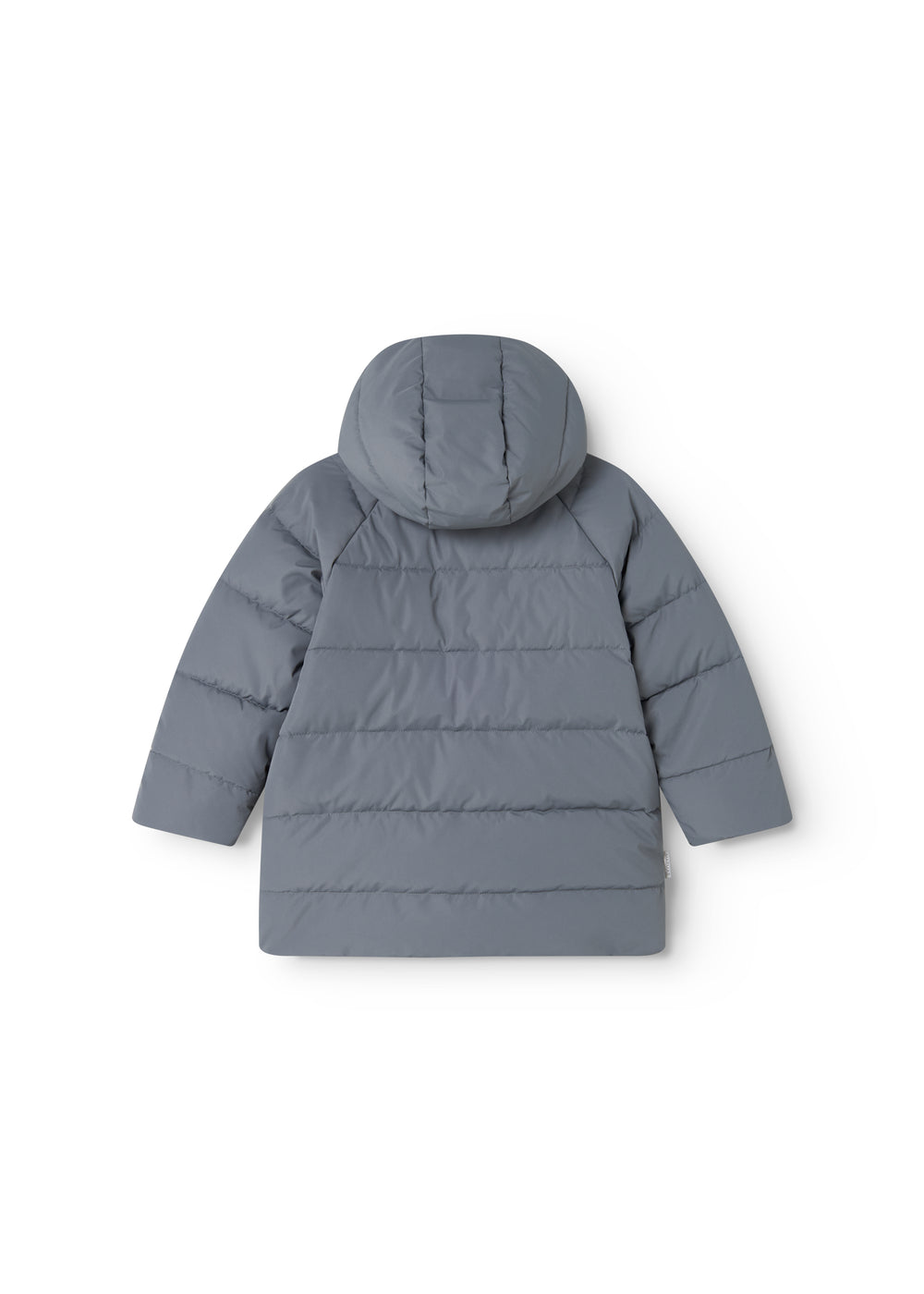 Dark gray down jacket for children, rear view with hood and horizontal stitching