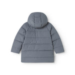 Dark gray down jacket for children, rear view with hood and horizontal stitching