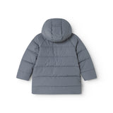 Dark gray down jacket for children, rear view with hood and horizontal stitching
