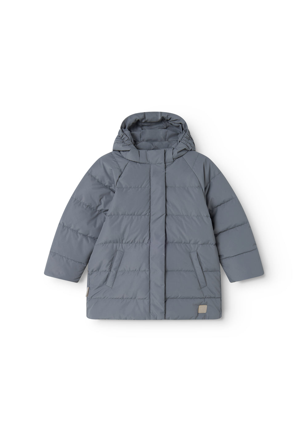 Dark gray down jacket for children with hood, full zipper, and flap pockets.