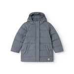Dark gray down jacket for children with hood, full zipper, and flap pockets.