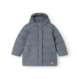 Dark gray down jacket for children with hood, full zipper, and flap pockets.