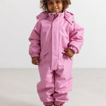 Pink PU flight suit with hood, zipper, and elastic cuffs.