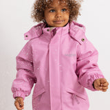 Pink PU flight suit with hood and front button details.