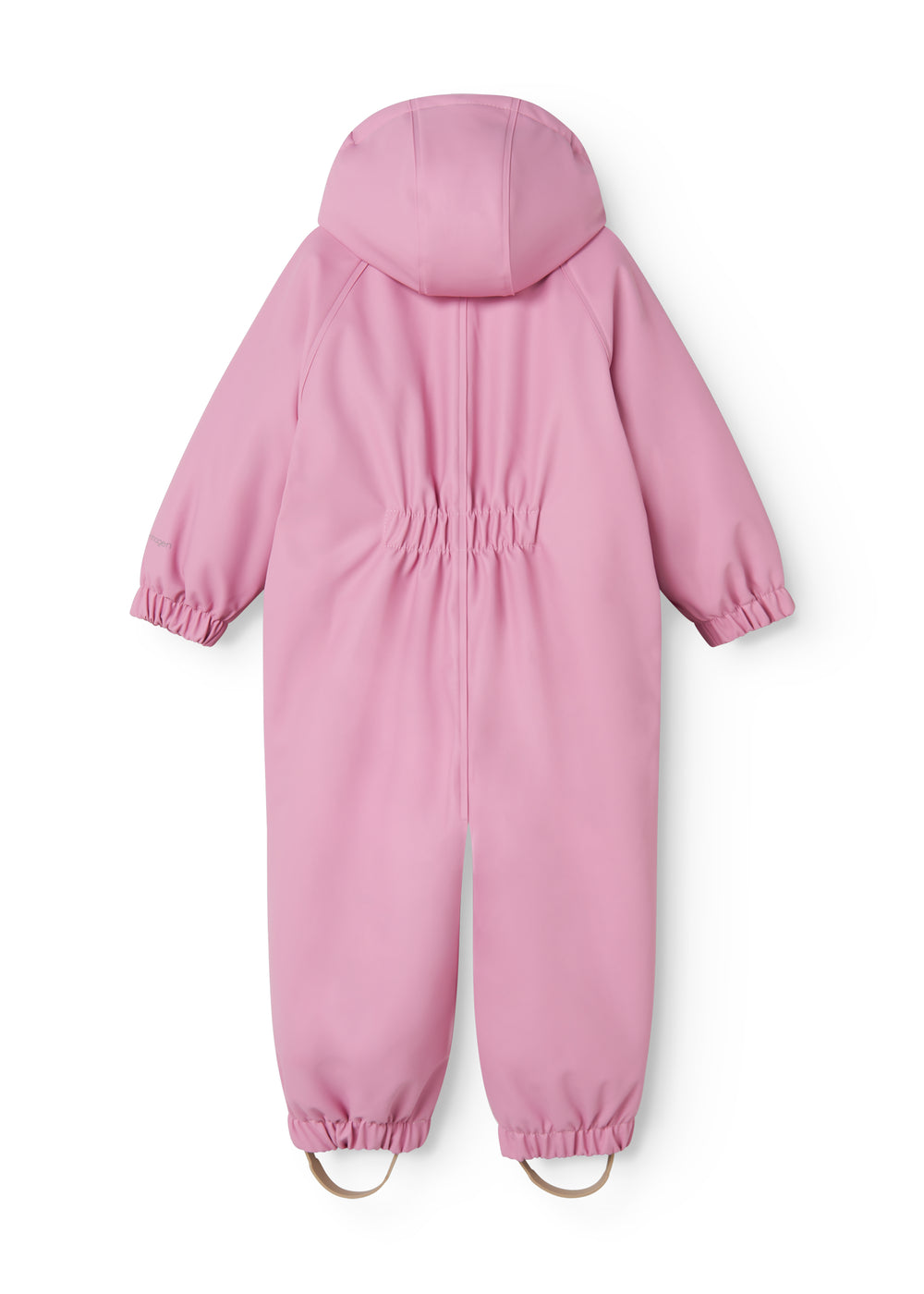 Pink PU flight suit with hood, zipper, and elastic leg cuffs.