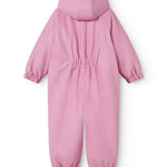 Pink PU flight suit with hood, zipper, and elastic leg cuffs.